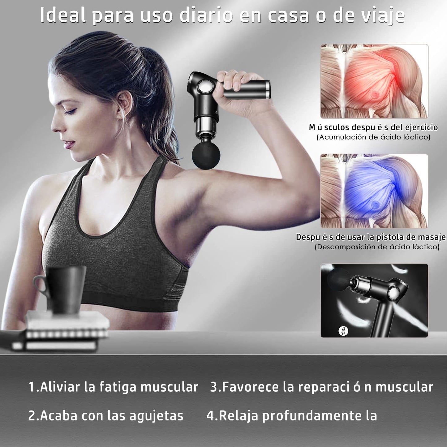 Pistola de Masaje,Masajeador Muscular de Tejido Profundo con 8 Cabezales,Máquina de Masaje Espalda Recargable,Mini Massage Gun Portátil con 32 Niveles Ajustables,Pantalla LCD,Súper Silencioso,Negro
