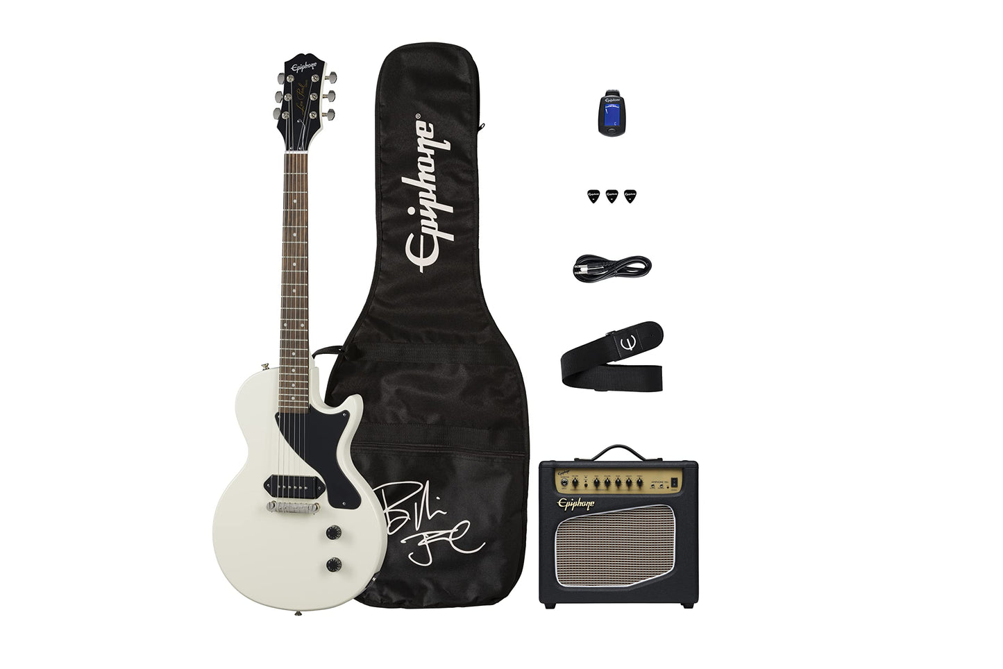 Epiphone Paquete de Guitarra Eléctrica Les Paul Junior Billie Joe Armstrong Blanco Clásico
