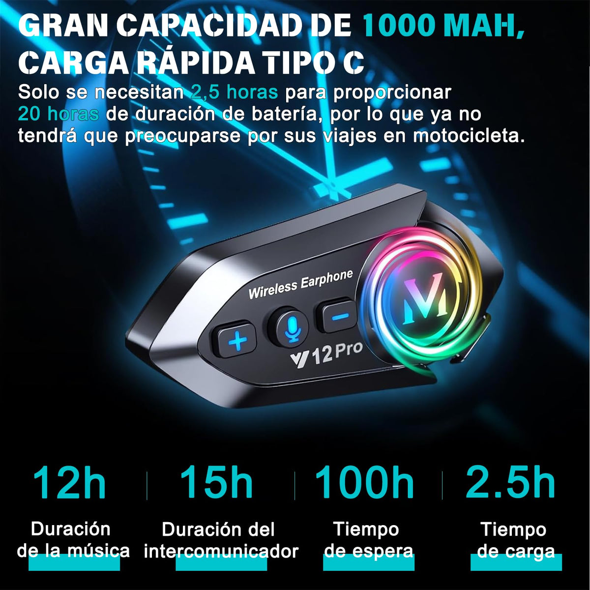 Auricular Bluetooth Motocicleta ETRTNVB 12Pro Negro Compatible Intercomunicador Impermeable IP56