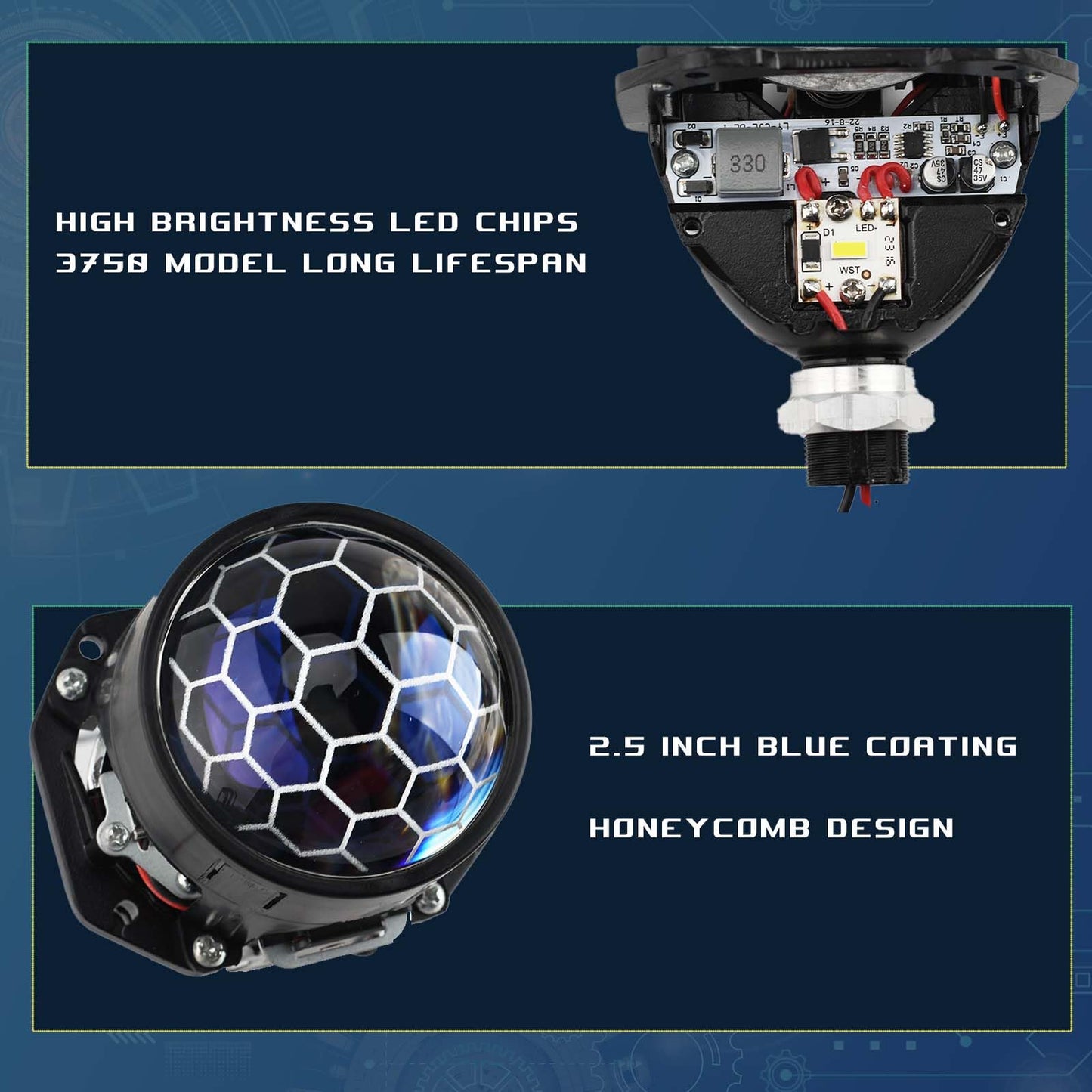 Lente de proyector de panal de abeja de 2.5 pulgadas, kit de actualización de faros delanteros de coche con función de haz de alta y lo; 70 W, 20.000 lúmenes, 6000 K, haz de enfoque con línea de corte