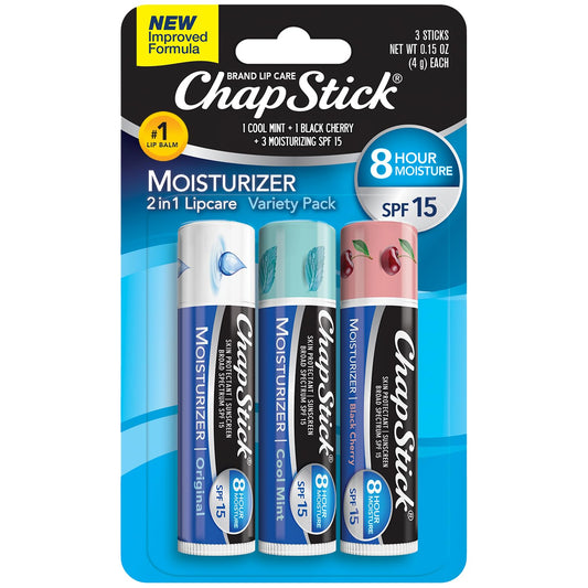 Chapstick Lip Moisturizer (Original, Cool Mint & Black Cherry Flavors, 0.15 Oz) & Skin Protectant Lip Balm Tube, Sunscreen, Spf 15 (3 Sticks)