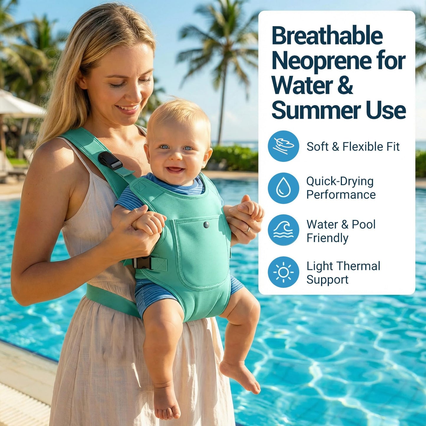 Portabebés de neopreno para bebés recién nacidos a niños, ergonómico e impermeable para el pecho con correas ajustables, transpirable y ligero, equipo de uso para verano, piscina, natación y playa