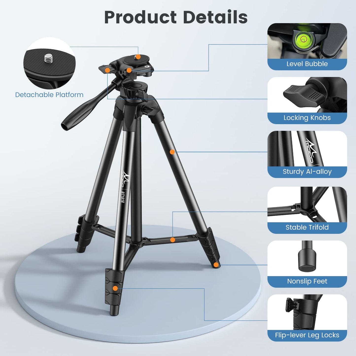 Trípode de Cámara MoKo Aluminio Ligero 60 Pulgadas con Bolsa de Transporte y Control Remoto inalámbrico