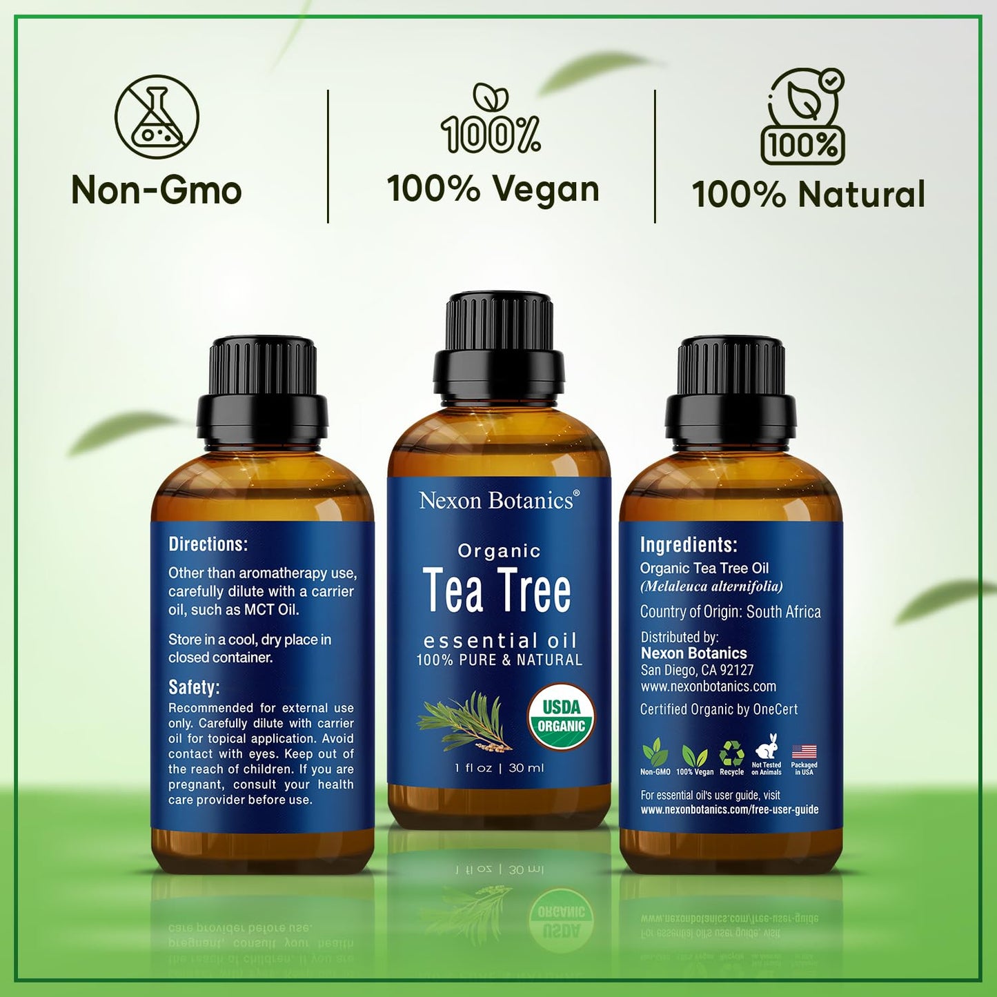 Nexon Botanics Aceite de árbol de té orgánico 30 ml – Certificado USDA, puro, natural sin diluir grado terapéutico aceite esencial para cabello, cara, piel, acné y cuero cabelludo – Melaleuca Alternifolia Oils