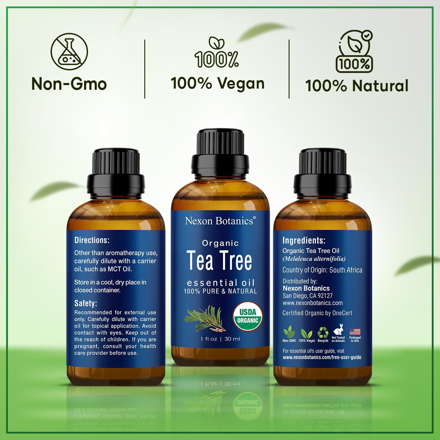 Nexon Botanics Aceite de árbol de té orgánico 30 ml – Certificado USDA, puro, natural sin diluir grado terapéutico aceite esencial para cabello, cara, piel, acné y cuero cabelludo – Melaleuca Alternifolia Oils