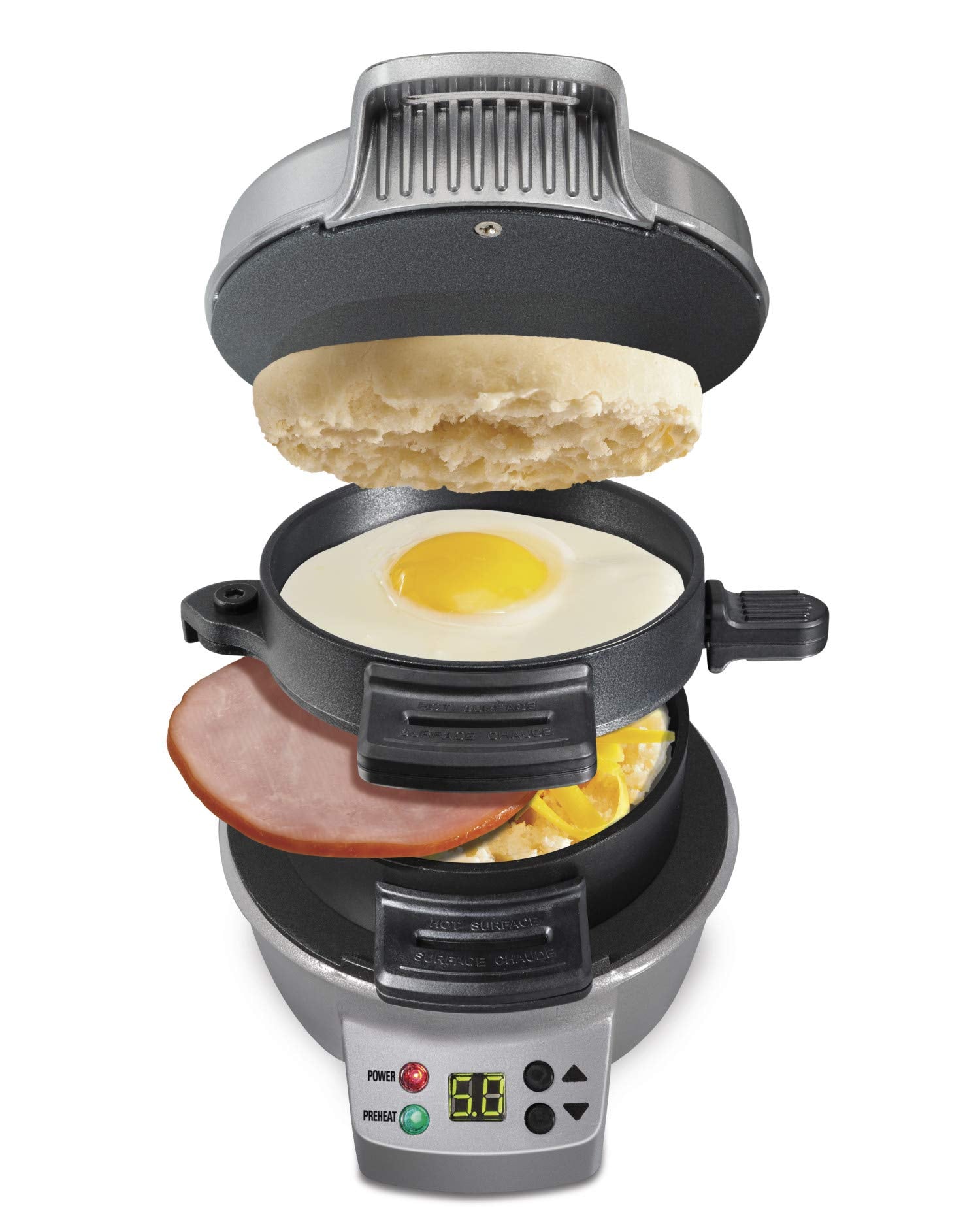 Hamilton Beach 25475 Sandwichera para desayuno, gris, Plateado, Single w/Timer, 1