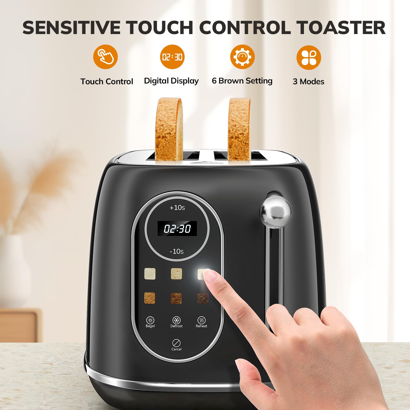 Keenstone tostador inteligente de visualización táctil de 2 rebanadas, tostador retro de acero inoxidable con 6 niveles de dorado, recalentar y descongelar, para bagel, tostado, pan, bandeja extraíble