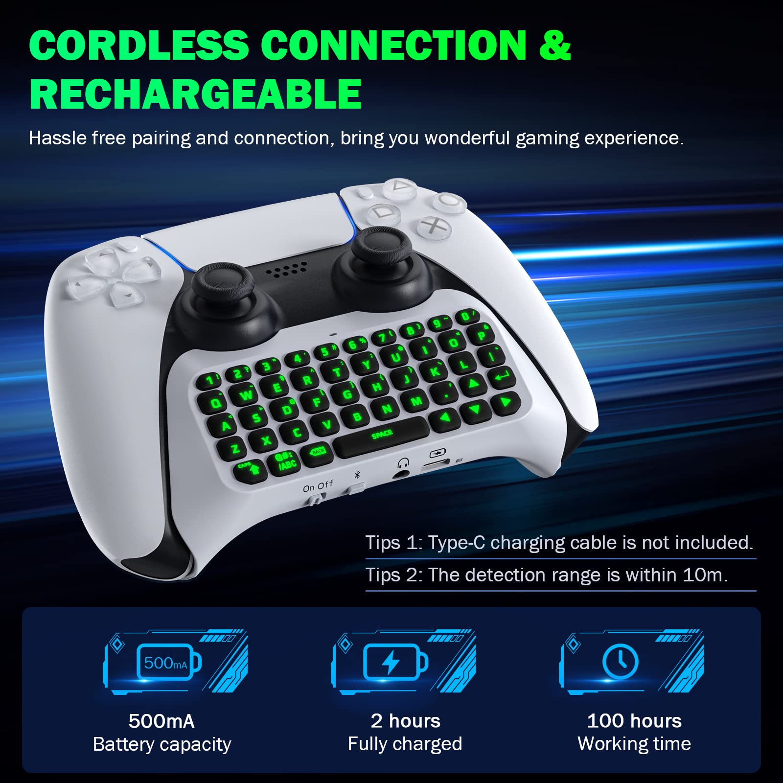Teclado Retroiluminado Verde MoKo Blanco con Altavoz y Jack de Audio para Controlador PS5