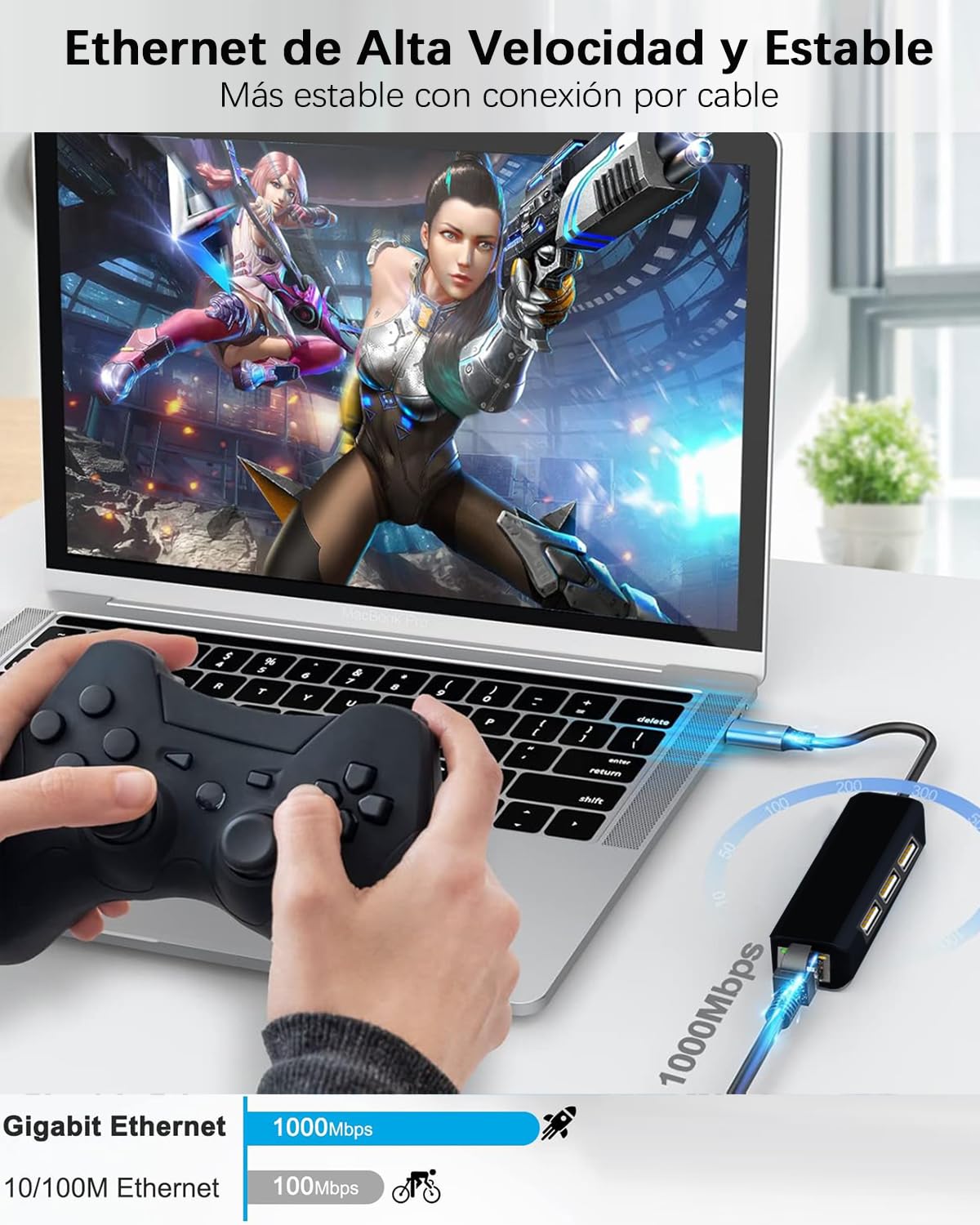 Adaptador Ethernet USB C YRTRGJ en Gris Gigabit RJ45 10Gbps 4 en 1 para MacBook, Surface Pro, Windows, XP, Vista, Android