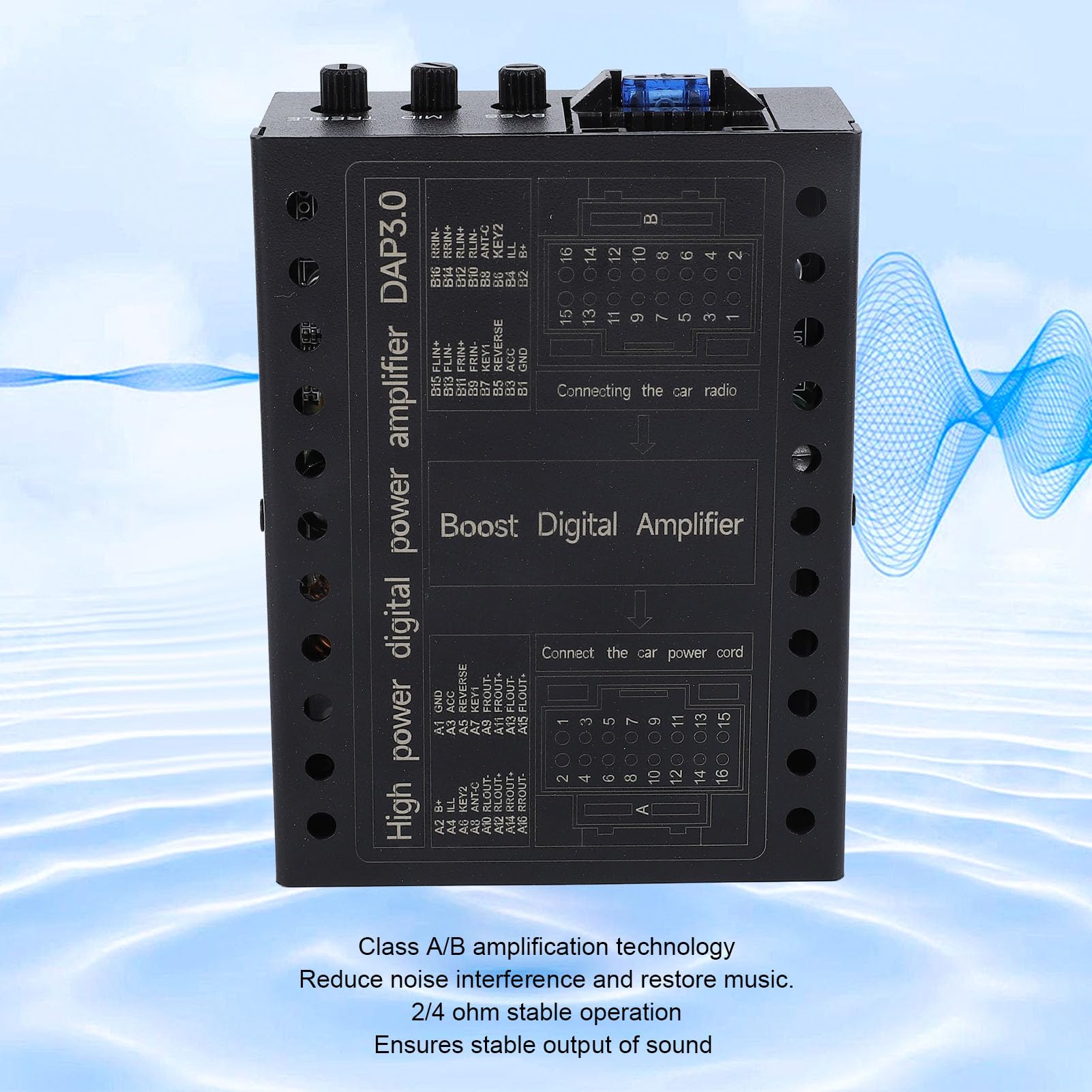 Jiawu Amplificador DSP para Coche, Amplificador de Potencia de Clase AB de 4 Canales y 50 W, relación señal/Ruido de 96 dB, Caja Estable de 2/4 ohmios