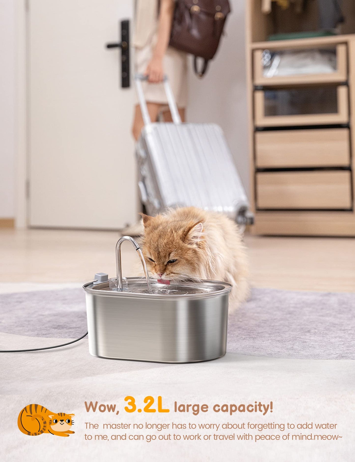 Fuente de Agua para Gatos SOOFPET Acero Inoxidable Automática con Bomba Silenciosa 3,2 l para Múltiples Mascotas