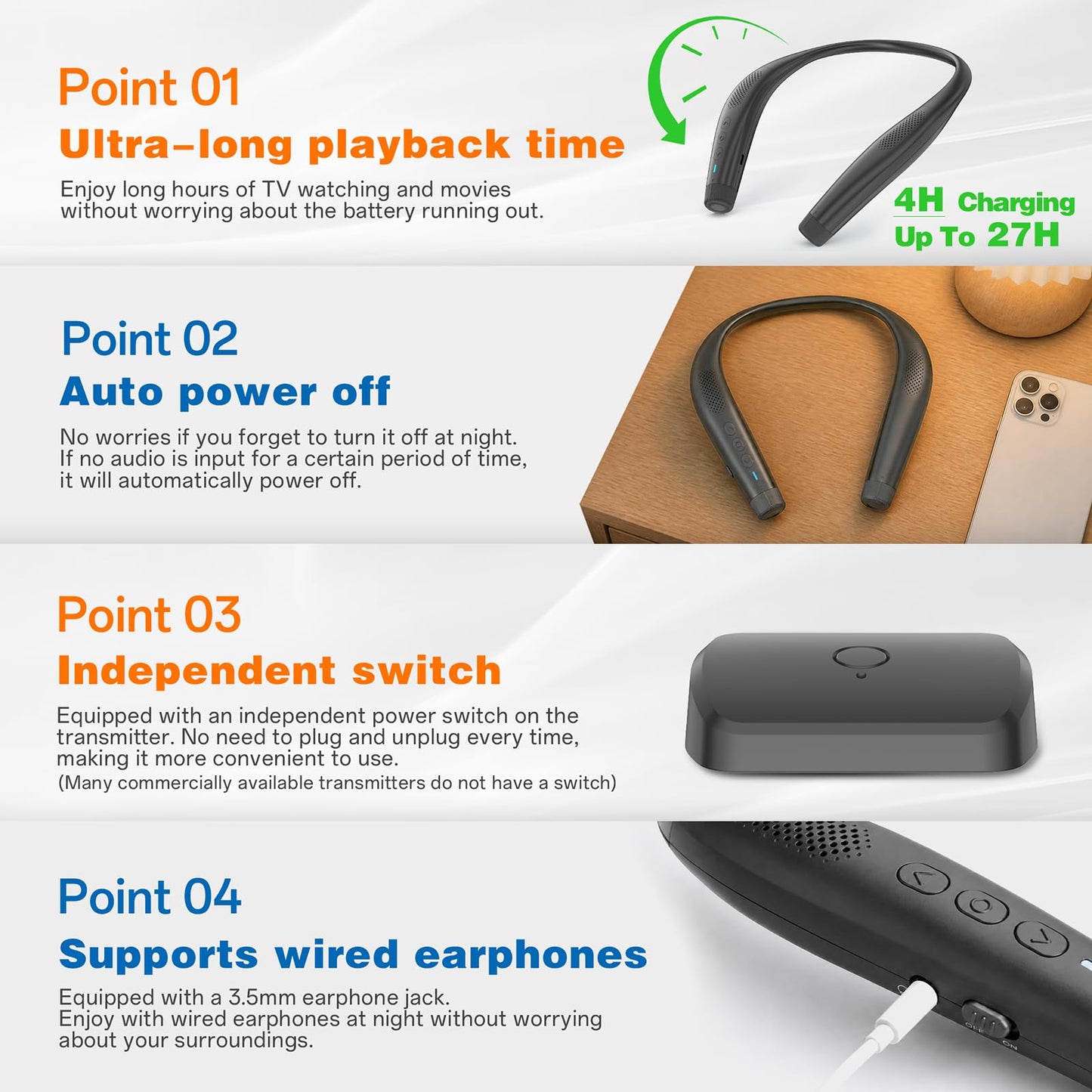 Evinof - Altavoz Bluetooth inalámbrico con banda para el cuello, cómodo y ligero, con tecnología para trabajar desde casa, micrófono integrado, 24 horas de duración de la batería