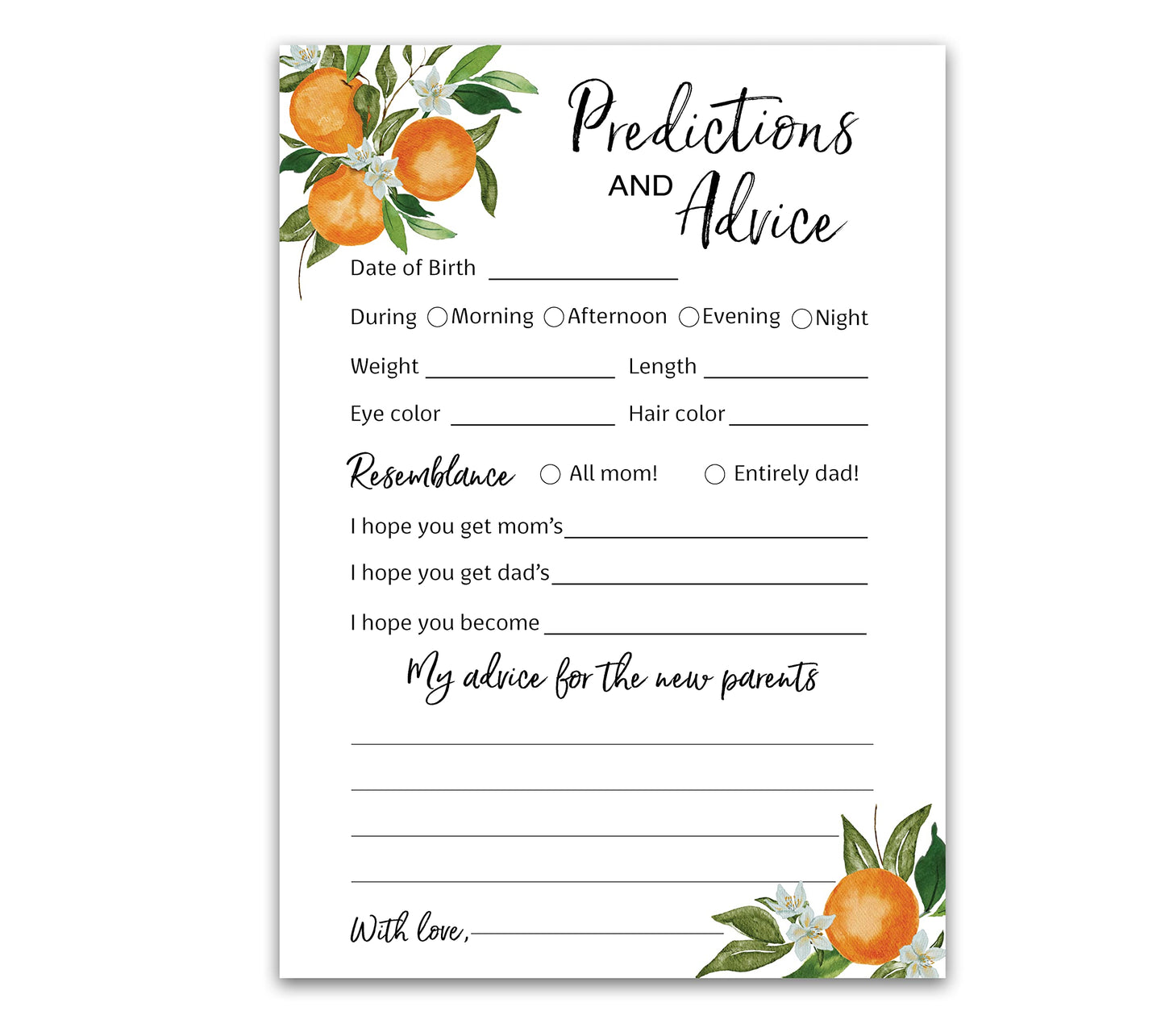 Tarjetas de predicción y consejos de A Little Cutie – Paquete de 25 – Invitaciones de baby shower con temática de naranja cítrico, deseos para nuevos padres, mamá y papá para ser mamá y papá, mensaje de ducha, recuerdo de actividad G350-PDAV