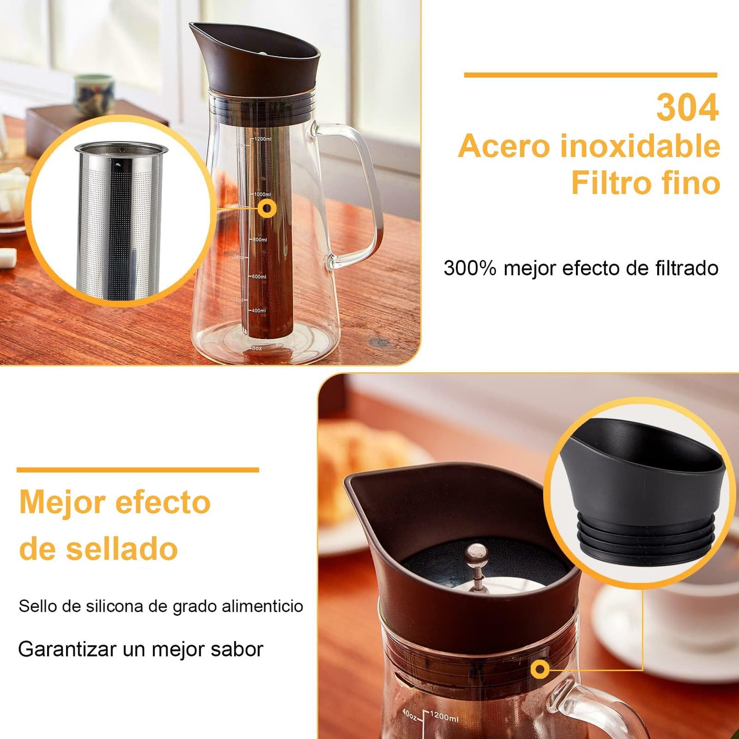 Café En Frío Cold Brew Jarra De Vidrio,1.2L Cafetera Cold Brew Vidrio de Primera Calidad Tetera Helada,Con filtro de acero inoxidable extraíble y tapa hermética,Apto para té de frutas o café