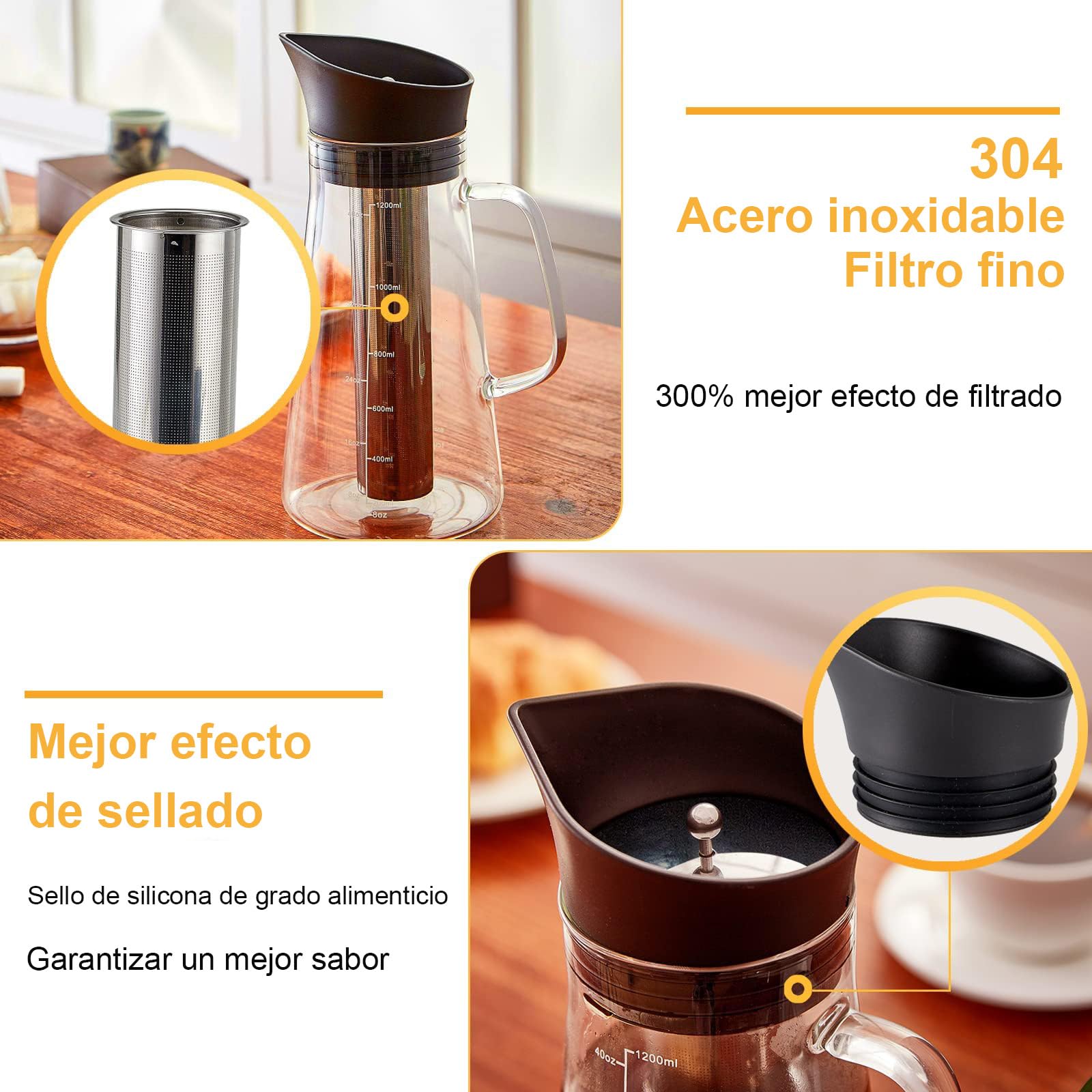 Café En Frío Cold Brew Jarra De Vidrio,1.2L Cafetera Cold Brew Vidrio de Primera Calidad Tetera Helada,Con filtro de acero inoxidable extraíble y tapa hermética,Apto para té de frutas o café