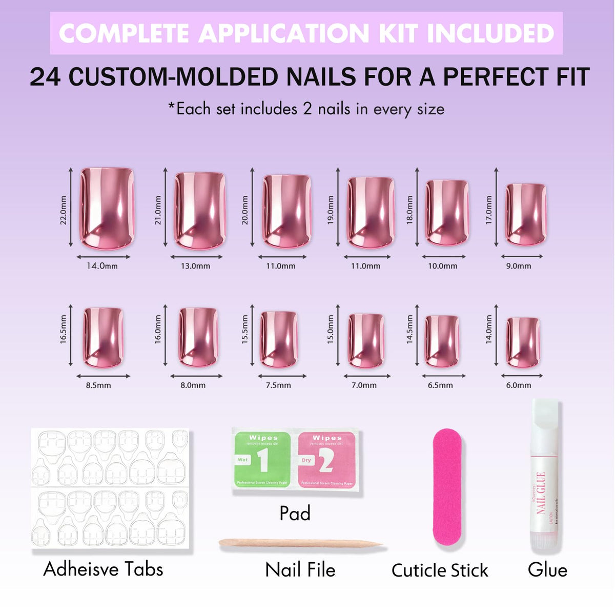 SXVME Uñas postizas cuadradas cortas medianas - Uñas postizas en cromo rosa bebé iridiscente con pegamento para mujer, uñas postizas de gel brillante, uñas postizas reutilizables, 24 unidades