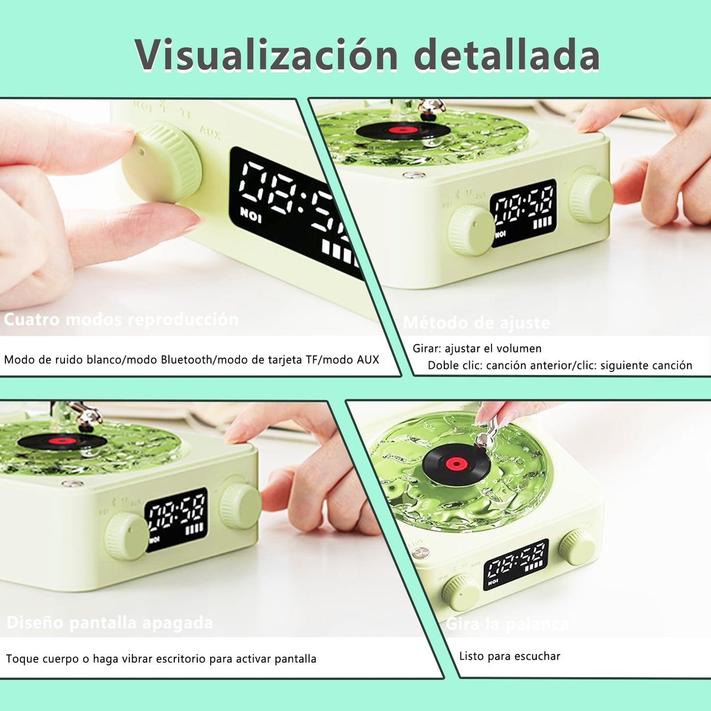 YRHDYU Reproductor de Vinilos, Tocadiscos Bluetooth con Luz Nocturna y Visualización de La Hora, Bocina Tocadiscos Bluetooth Vinilo Waves Recargable, Mini Altavoces Portátiles (Verde)