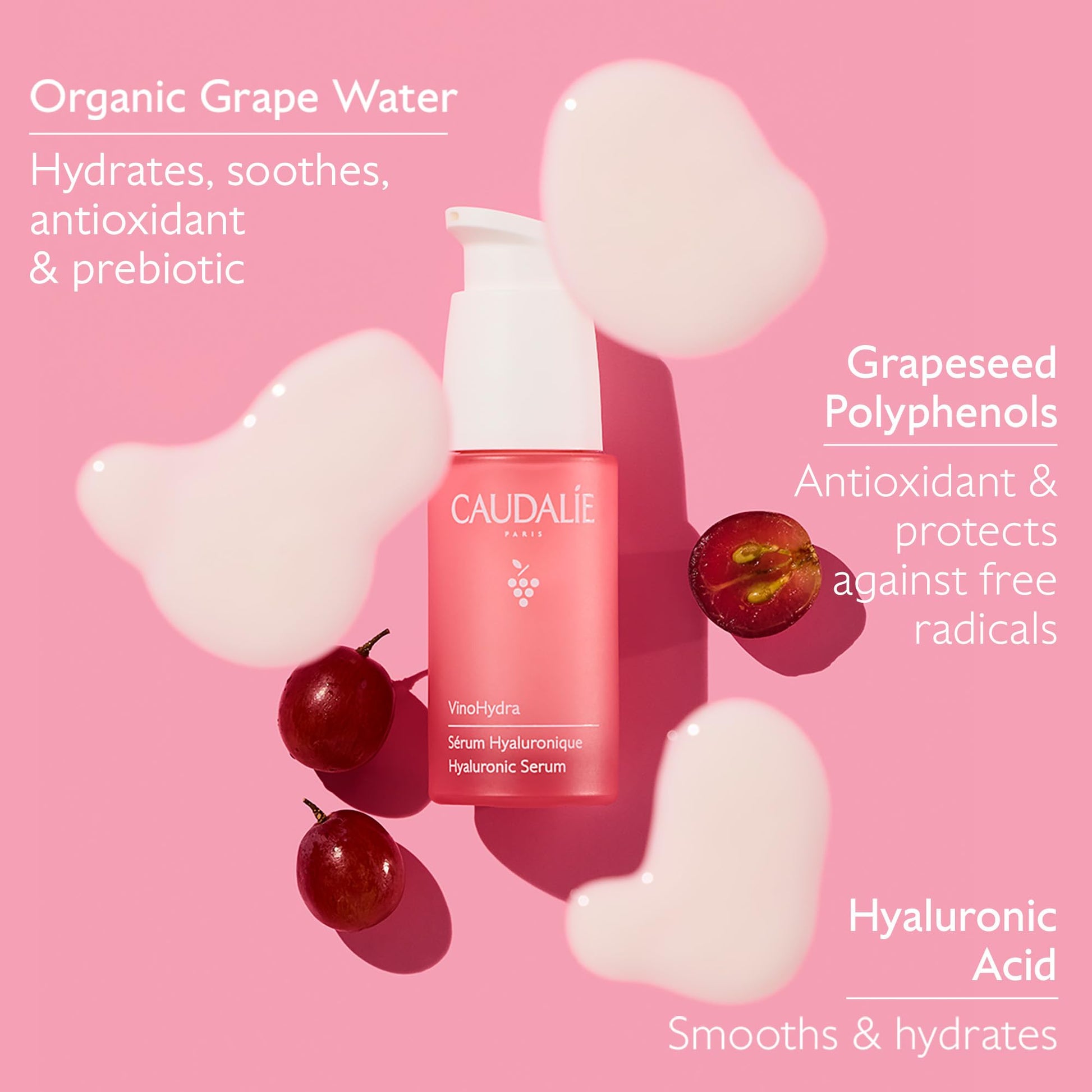 Caudalie VinoHydra Suero de Ácido Hialurónico para el Rostro, Suero Hidratante Restaura la Barrera Hidratante y Calma la Piel, Dermatológicamente Testado y Vegano, 30 mL.