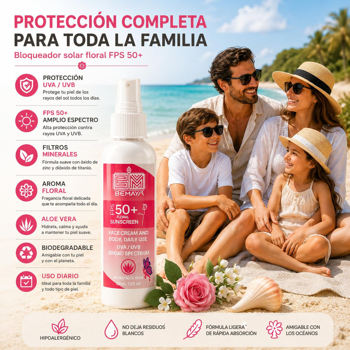 Bemaya Protector Solar Mineral Corporal FPS 50+ Biodegradable | Óxido de Zinc | Protección UVA/UVB | Aroma Floral | 125 ml
