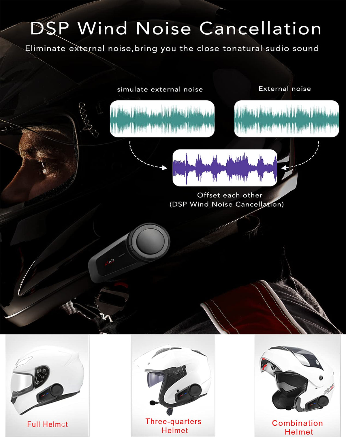 Auriculares Bluetooth MaxTo M2 Negro Impermeables con Intercomunicador para Motocicleta