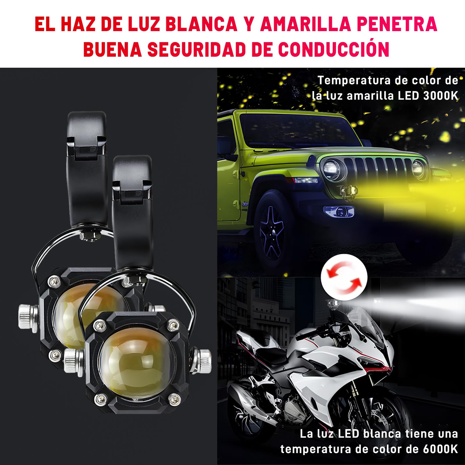 AUTOFAST 65w Faros Led para Moto,6500k Luz Antiniebla Auxiliares para Auto,Luces para Moto de Doble Lente,Faros De Niebla para Moto,Focos Led Exploradoras Para Moto,luces para cuatrimoto,2pcs