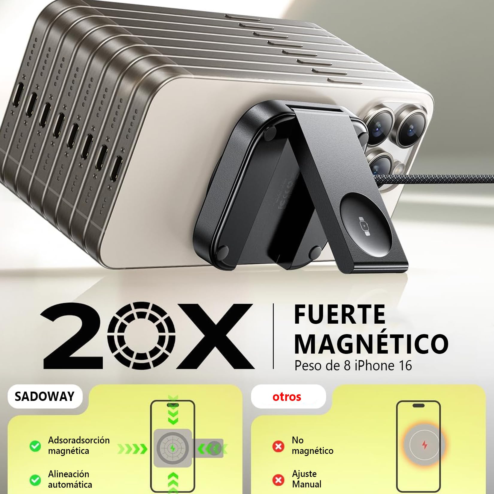 Cargador Inalámbrico Sadoway Negro 15W Plegable Magnético 2 en 1 Compatible con iPhone y Apple Watch