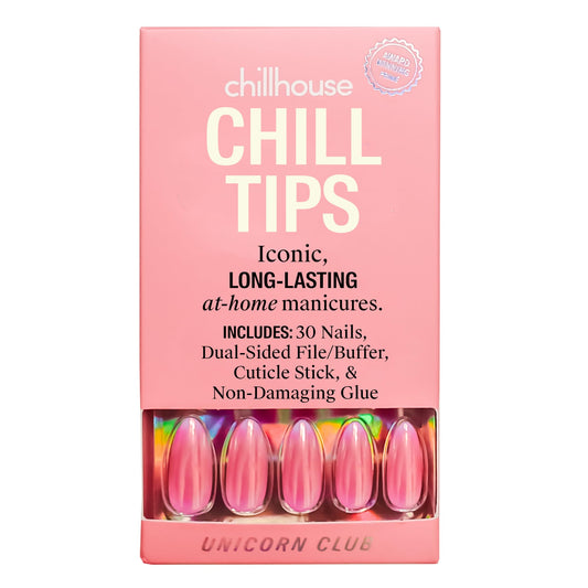 Chillhouse - Kit de Uñas Chill Tips, Press on - Unicorn Club (Almendra) - 30 Formas y Tamaños de Uñas - Hasta 2 Semanas de Uso - Ajuste Personalizable - Reutilizable - Fundado por Latinas y Propiedad