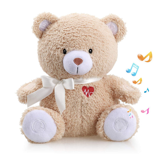 BEREST - Chupete de ayuda para dormir activado, máquina de ruido blanco, regalo de animales de peluche para bebé, juguete de oso con decoración de guardería, luz nocturna, latidos del corazón del