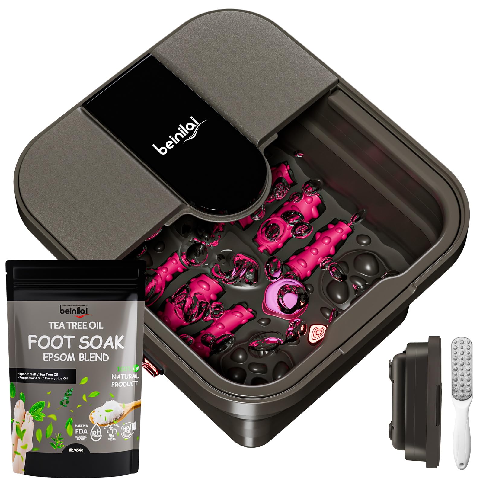 Beinilai Baño De Pies Plegable Con Calor, Burbujas, Rodillos De Masaje, Baño De Pies Con Aceite De Árbol De Té Y Sal De Epsom, Lima De Pies Para Pedicura, Luz Roja, Piedra Pómez Extraíble, Spa Para Pi