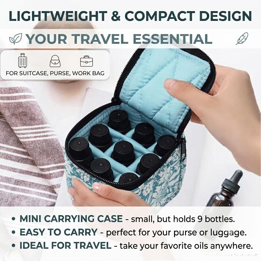 FUZEBAG 9 Bottles Essential Oil Carrying Case Shockproof Essential Oils Organizer Travel Bag Suitable for 5ml,10ml,15ml Bottles with Portable Handle and Double Zipper (Aqua Green)