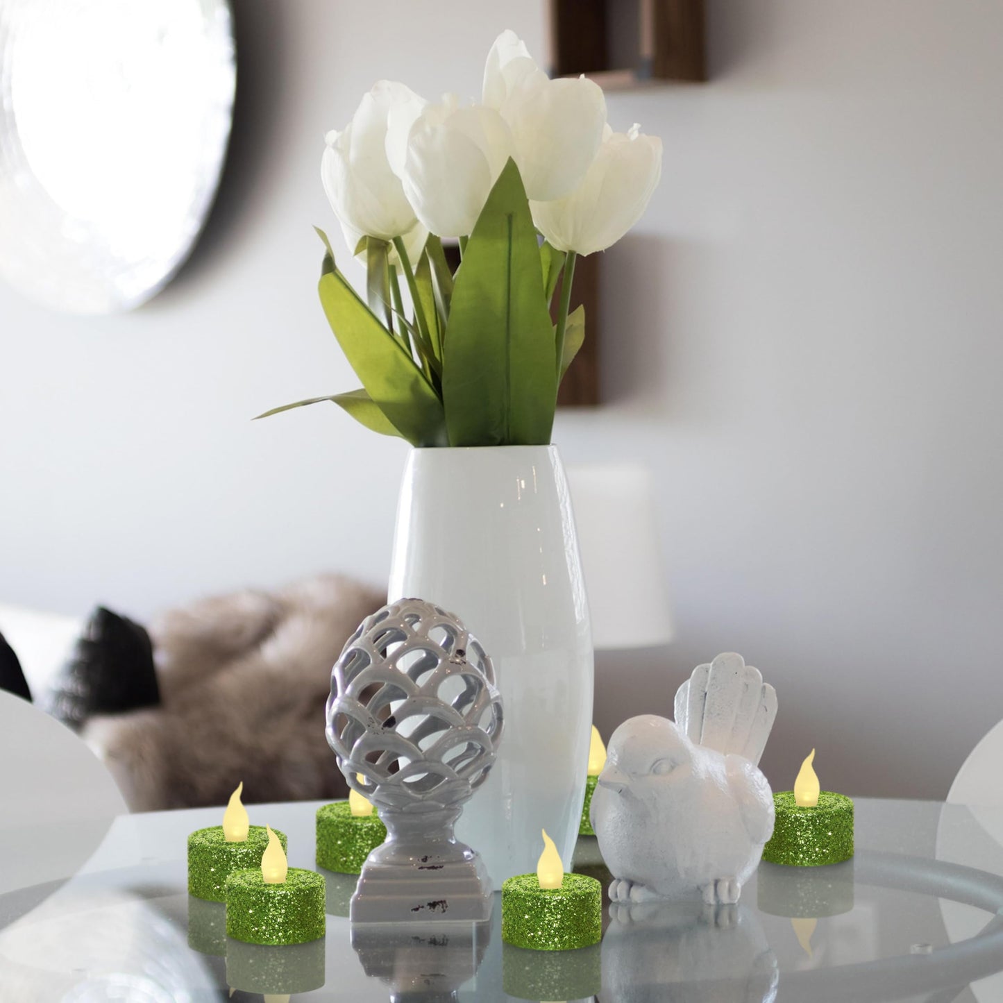 Furora LIGHTING - Velas LED con purpurina verde, paquete de 12, velas parpadeantes sin llama para decoración del hogar, 1.5 pulgadas de ancho x 1.65 pulgadas de alto, funciona con pilas