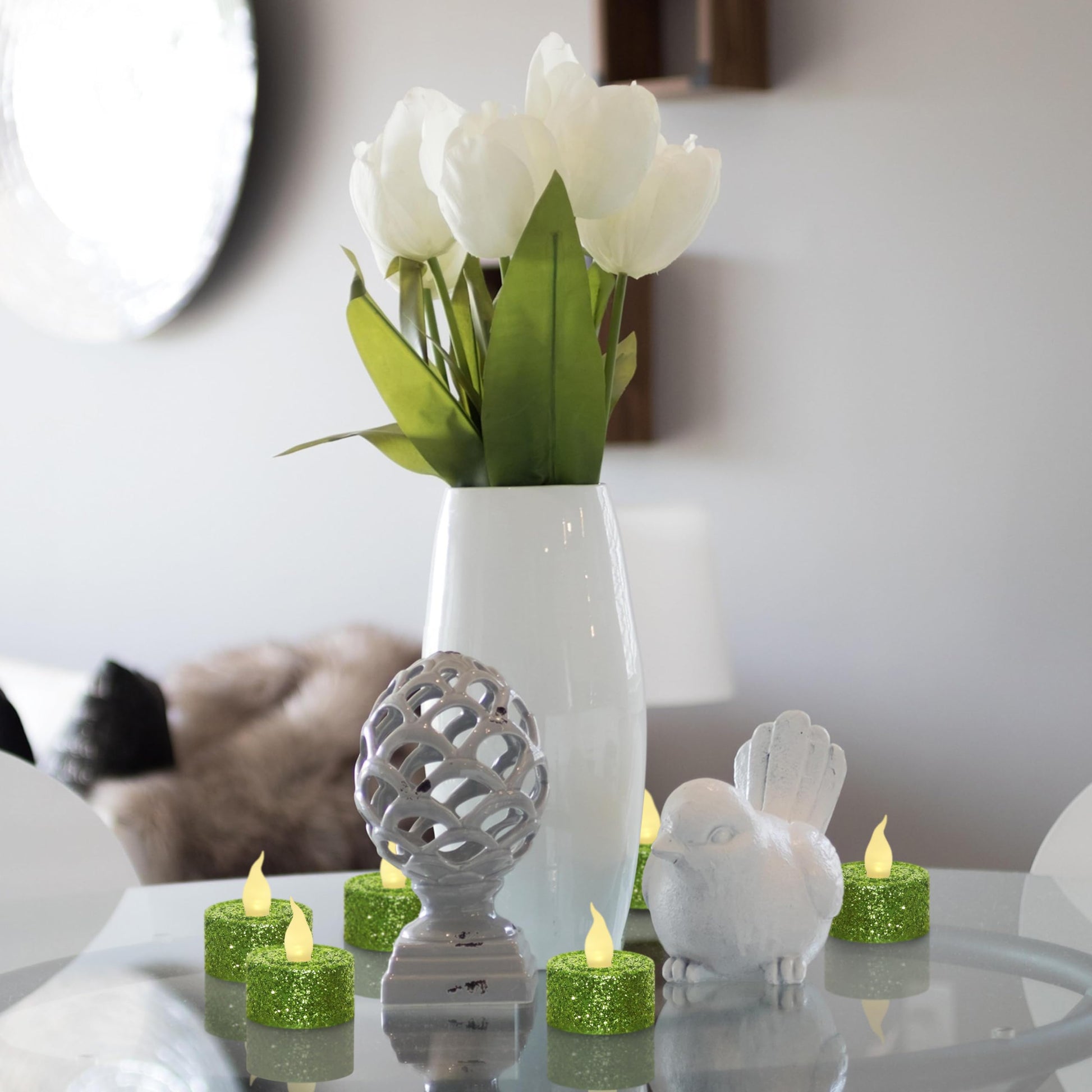 Furora LIGHTING - Velas LED con purpurina verde, paquete de 12, velas parpadeantes sin llama para decoración del hogar, 1.5 pulgadas de ancho x 1.65 pulgadas de alto, funciona con pilas