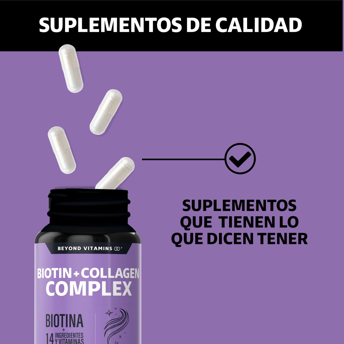 Biotin+Collagen Complex- Contiene Biotina + Colágeno + 15 Ingredientes y Vitaminas - Suplemento Vitamínico - Suplemento Alimenticio en Cápsulas - Sin Azúcar-Ingredientes NON GMO-60 cápsulas para 60 días