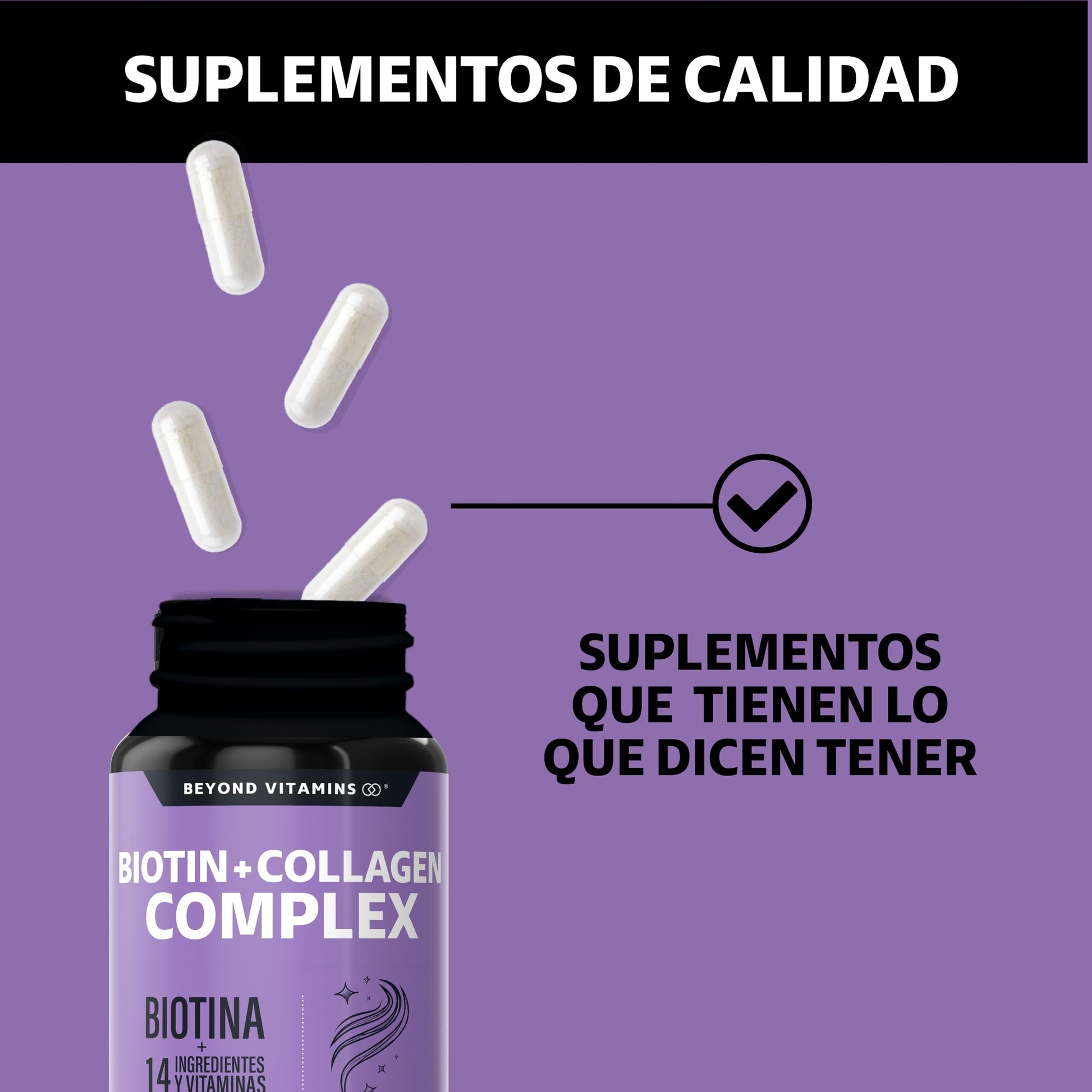 Biotin+Collagen Complex- Contiene Biotina + Colágeno + 15 Ingredientes y Vitaminas - Suplemento Vitamínico - Suplemento Alimenticio en Cápsulas - Sin Azúcar-Ingredientes NON GMO-60 cápsulas para 60 días