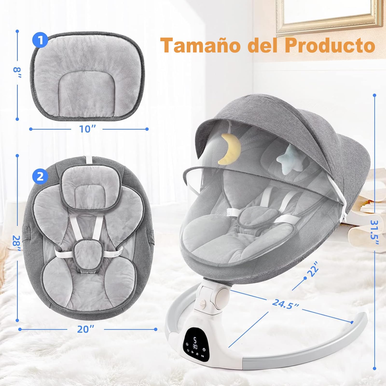 Mecedora Electrónica con Pantalla Digital y Control Inteligente de 5 Velocidades para Bebé