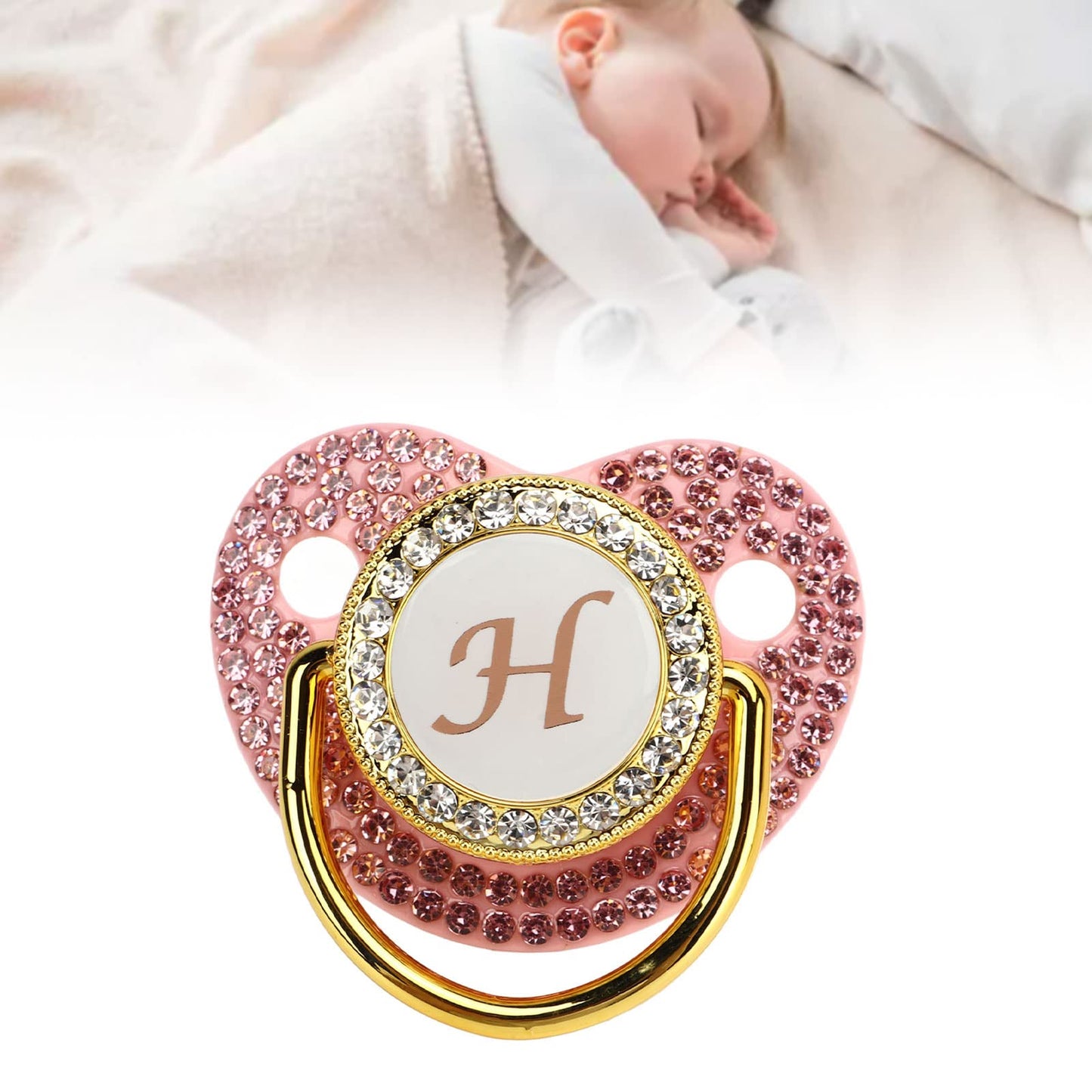 Chupete de bebé Dorado, 26 Letras Juego de Clip de Chupete Personalizado Diamantes de Imitación Cubiertos Diseño Curvo Chupete de bebé Chupete de Silicona para Alimentación de (Letra h)