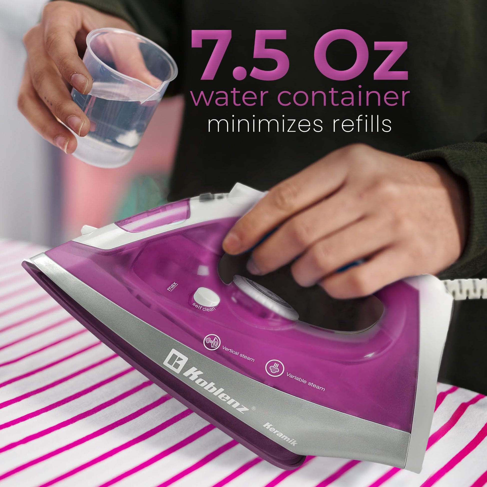 Koblenz - Plancha de Vapor Koblenz Ultra Keramik Pro de 1200 W y tanque de agua de 220ml con Suela Cerámica, Sistema que Evita el Sarro, Anti-calc, Cable con rotación de 360°, Rosa con Blanco (PKK-350 R)