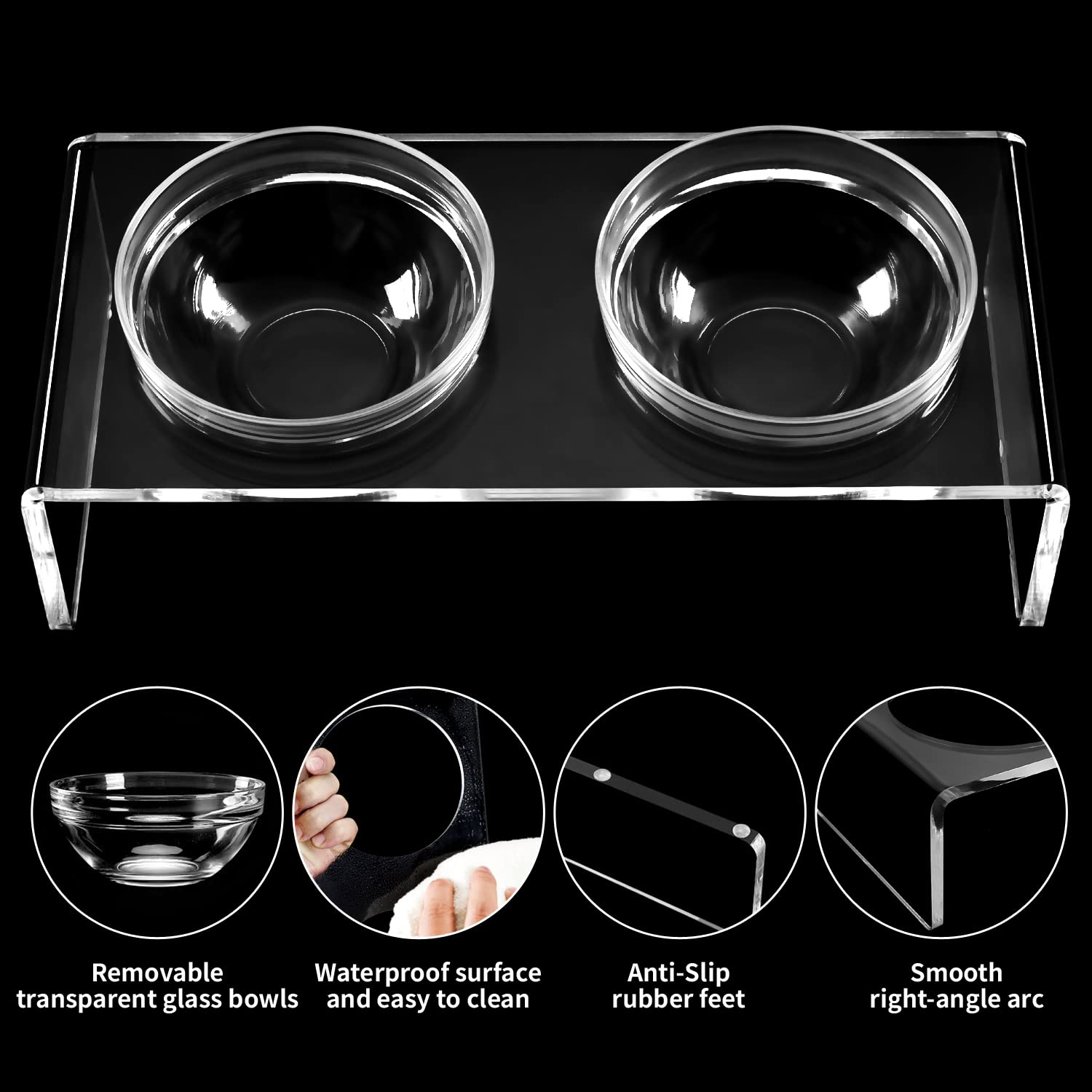 Cuencos elevados de acrílico para perros y gatos, comedero para mascotas, soporte elevado doble viene con 2 cuencos de vidrio extraíbles y 2 cuencos de acero inoxidable. Perfecto para gatos, cachorros y perros pequeños