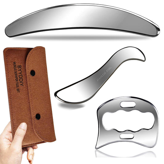 BYYDDIY - Juego de herramientas de raspador muscular de acero inoxidable 3 en 1, herramientas de masaje para terapia física, Derma Edge y GuaSha