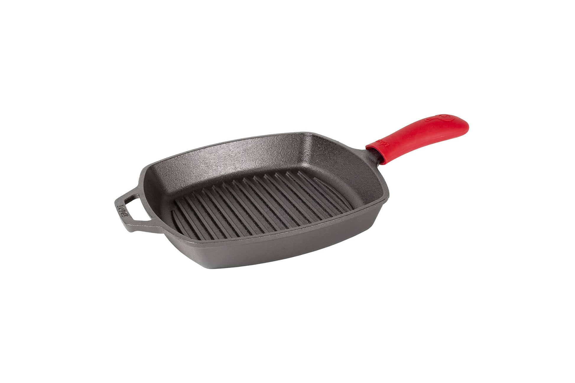 Lodge L8SGP3ASHH41B Sartén Cuadrado de Hierro Forjado para Parrilla, con Agarradera para Calor de Silicona Roja, 26 cm