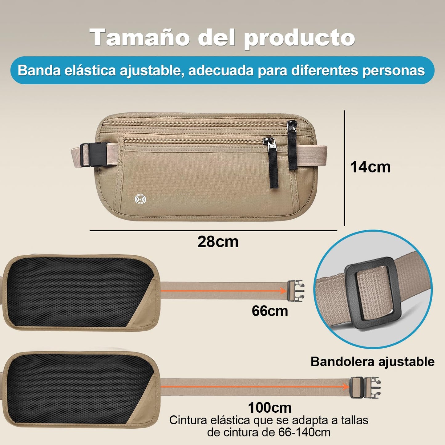 Cinturón de Viaje con Tecnología Bloqueo RFID, Cangurera Mujer y Hombres con Soporte Delgado para Pasaporte y Cremallera Invisible, Riñonera para Viaje, Deporte, Running, Ejercicio (Caqui)