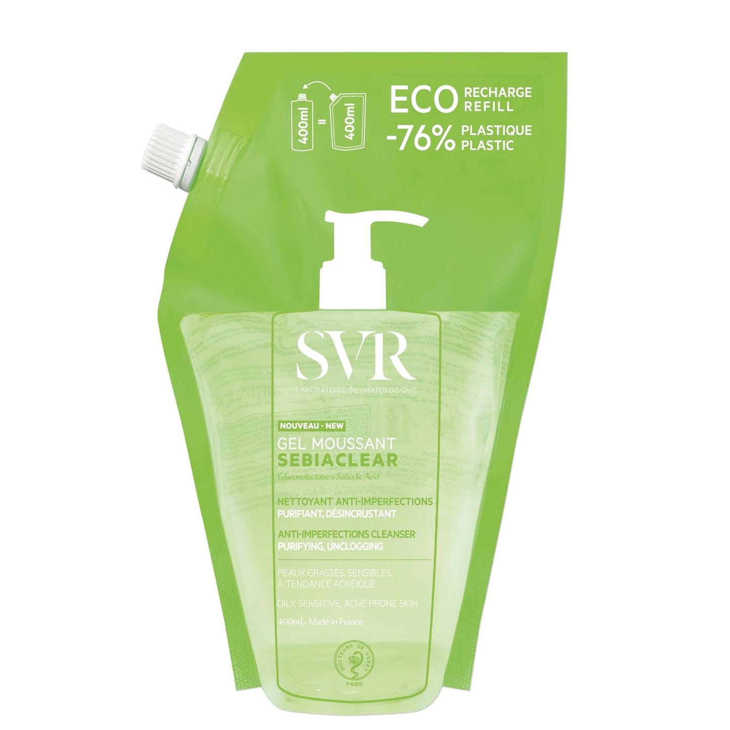 SVR Sebiaclear Gel Moussant Eco-Refill Limpiador Facial y Corporal para Piel Grasa y con Tendencia al Acné | Con Ácido Salicílico y Gluconolactona | Repuesto 400 ml