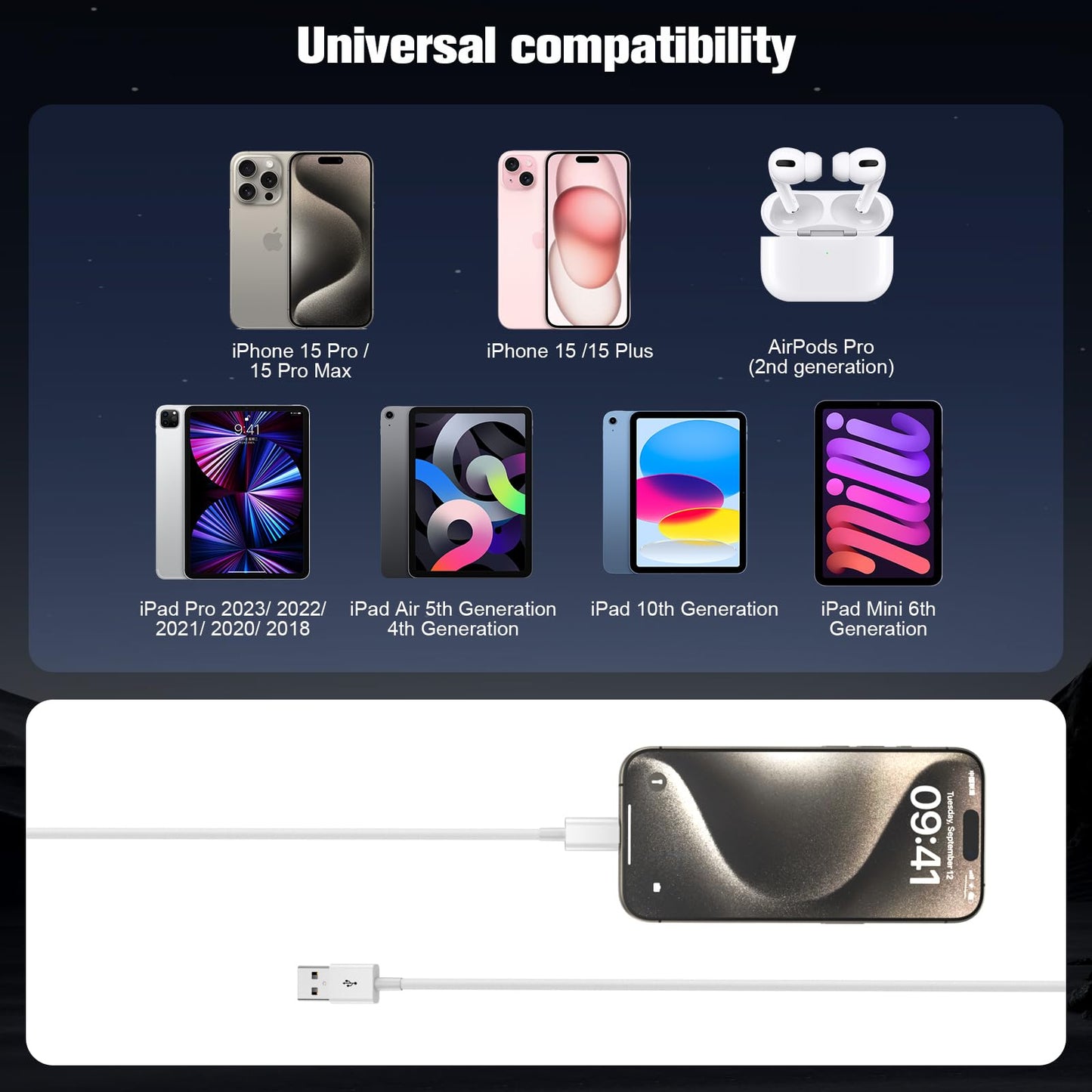 Cable Carplay para iPhone 16/15,iPhone 16/15 Plus,iPhone 16/15Pro,iPhone16/15Pro Max,USB A a USB C para Carplay Cable USB C,iPad USB C 10th,iPad Air Cable cargador de coche Cable de 3 pies （Blanco）