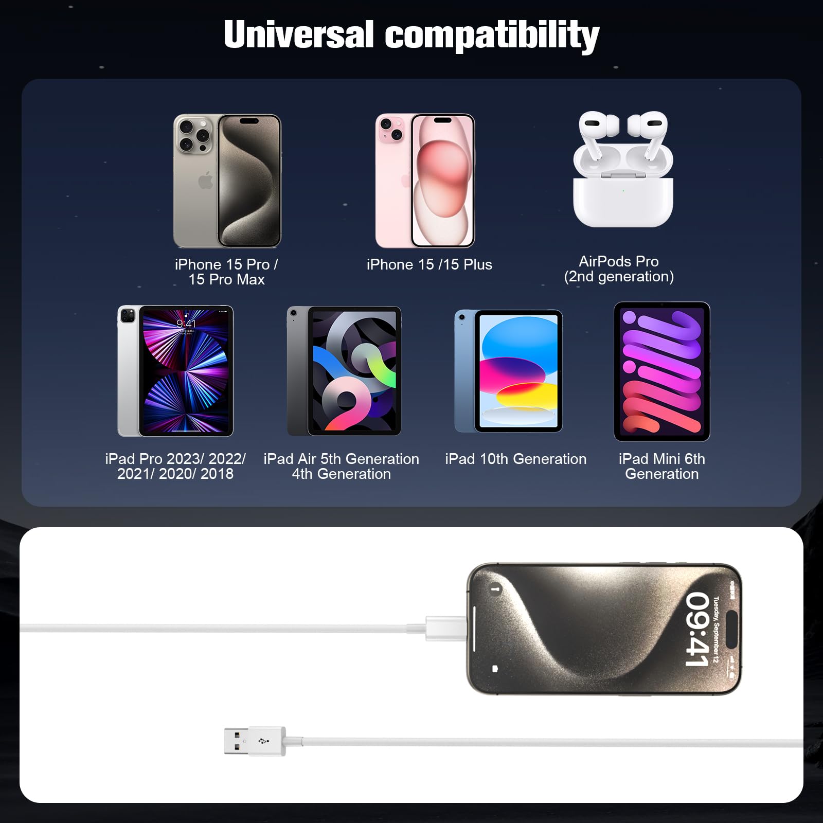 Cable Carplay para iPhone 16/15,iPhone 16/15 Plus,iPhone 16/15Pro,iPhone16/15Pro Max,USB A a USB C para Carplay Cable USB C,iPad USB C 10th,iPad Air Cable cargador de coche Cable de 3 pies （Blanco）