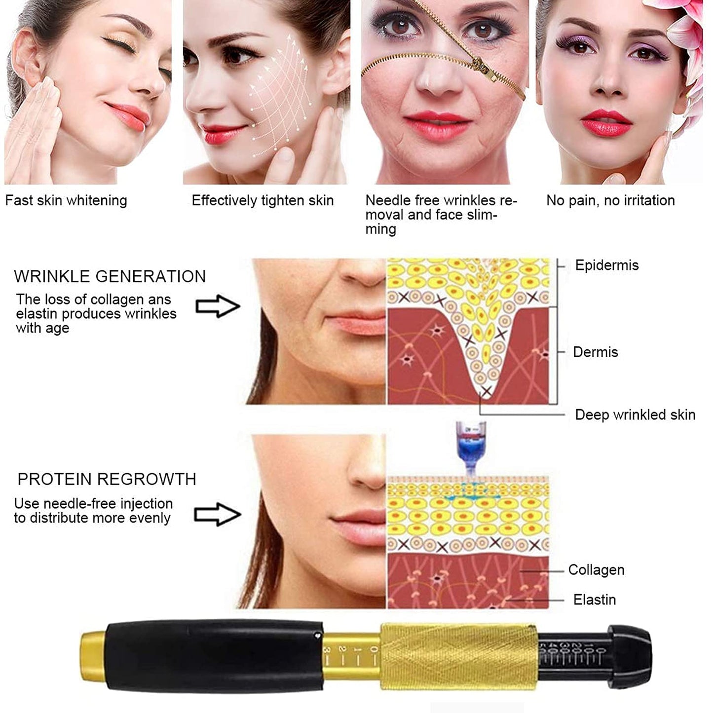 Bolígrafo hialurón de 0,5 ml, nebulizador ajustable de 3 etapas para el cuidado de la piel, para eliminación de arrugas y engrosamiento de los labios