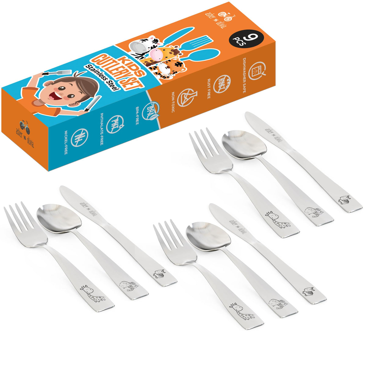 Juego de cubiertos de acero inoxidable para niños, 9 y 24 unidades de utensilios para bebés, cubiertos de metal para preescolar, bebés, niños, bebés, auto alimentación, lavaplatos, 9 Pack