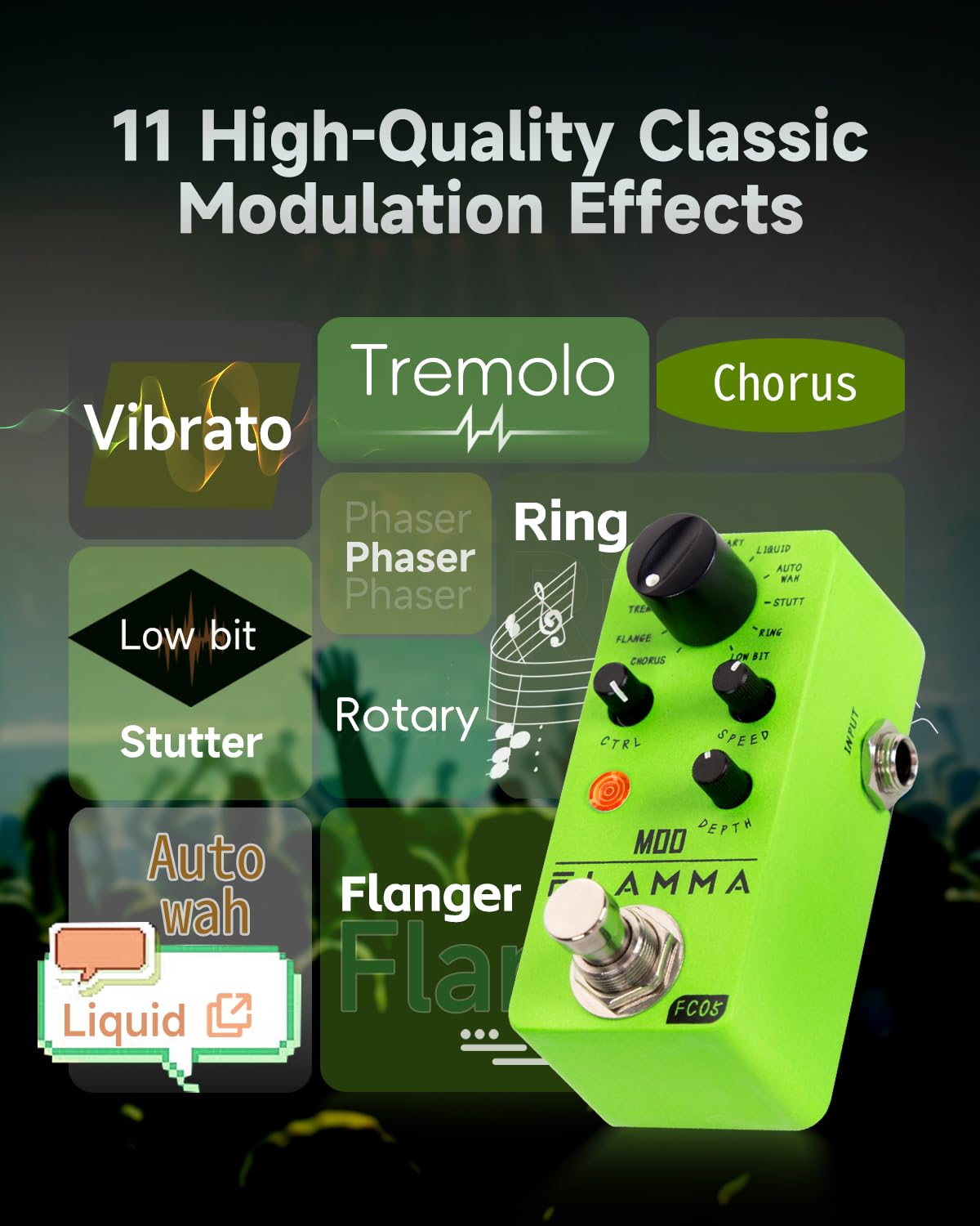 Pedal de Modulación Flamma FC05 Mini Multiefectos en Negro para Guitarra Eléctrica