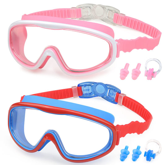 KAILIMENG - Gafas de natación para niños, visión amplia, sin fugas, antiniebla, protección UV, con clip para la nariz y tapones, para los oídos para niños de 3 a 15 años (Rosa y rojo azul, 2 unidades)