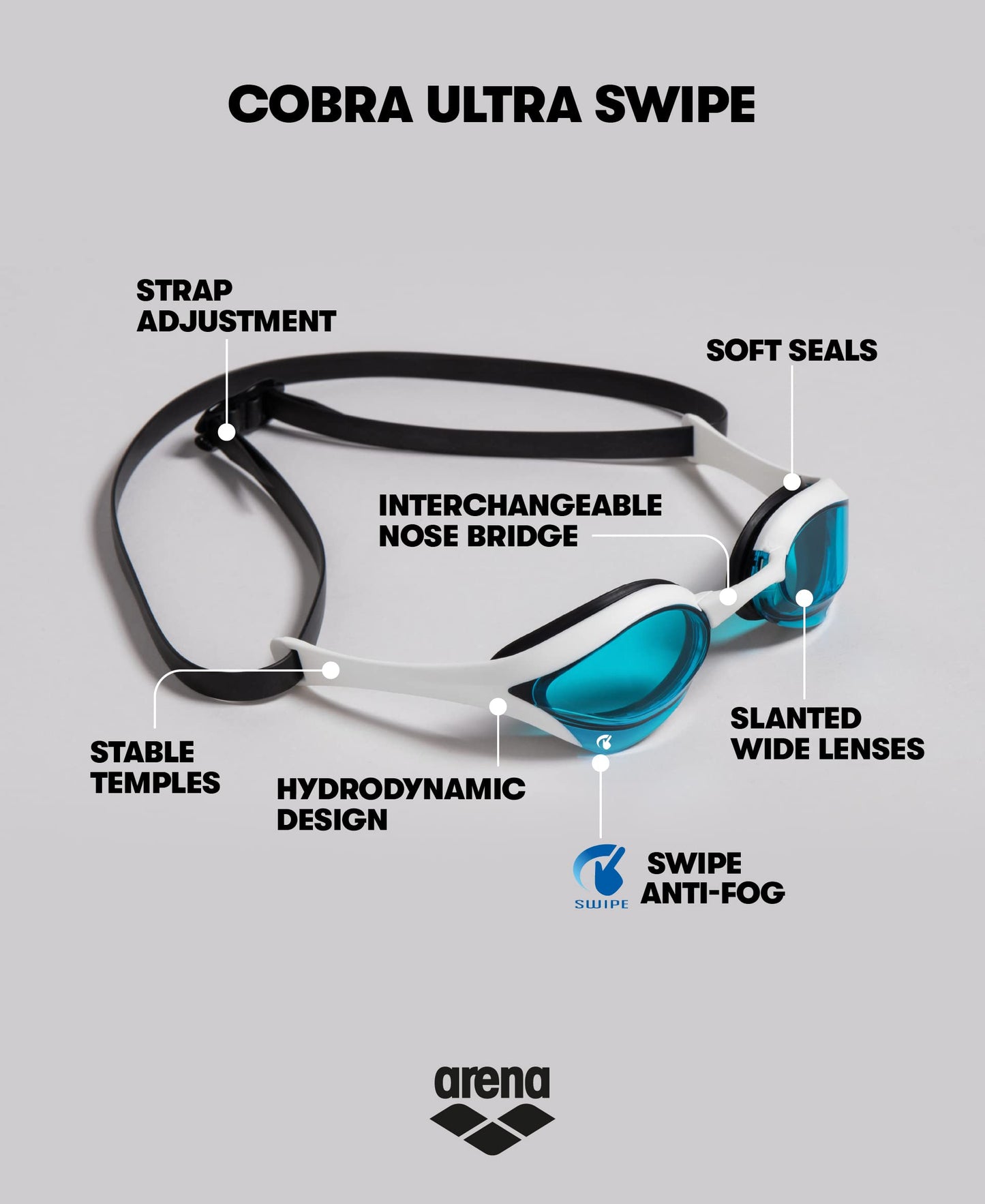 Anteojos de Natación Arena Agua Negro Cobra Ultra Swipe Racing para Hombre y Mujer