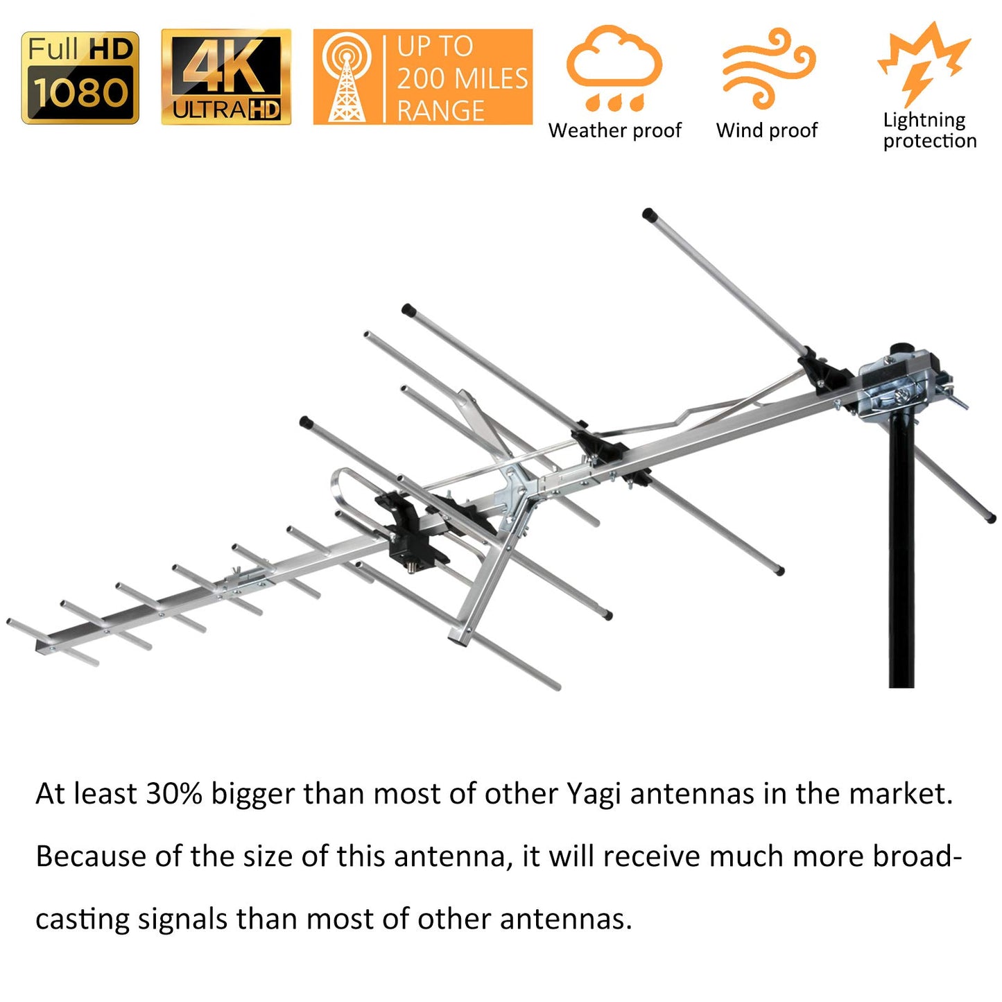 Five Star - Antena de TV para interiores y exteriores Yagi Satellite HD con hasta 200 millas de alcance - Antena de TV de montaje en ático o techo, antena digital OTA Radio/FM para 4K 1080P con poste